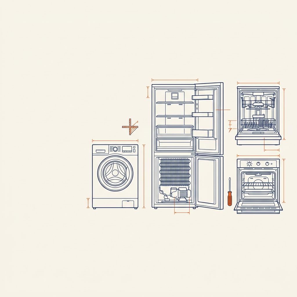 Illustrazione a linee di elettrodomestici: lavatrice, frigorifero, lavastoviglie e forno